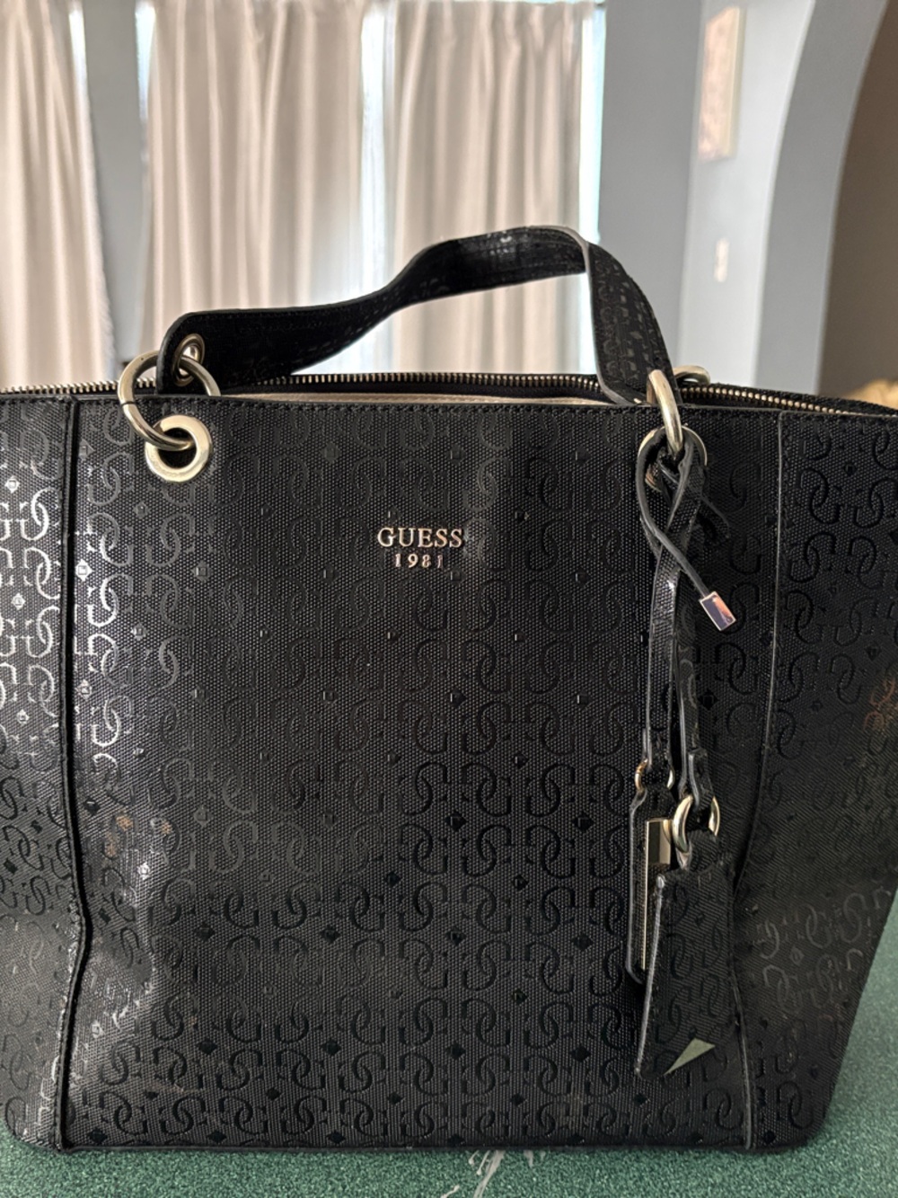 Guess Black Logo Shoulder Tote with Gold Accents